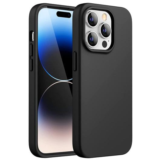 Abgebildet ist die iCEO iPhone 14 Pro Silikonhülle in Schwarz, die ihr schlankes Design, die präzisen Aussparungen für Tasten und Anschlüsse, die Unterstützung für kabelloses Laden und den vollständigen Schutz des Frontbildschirms und der dreifachen Rückkamera hervorhebt.