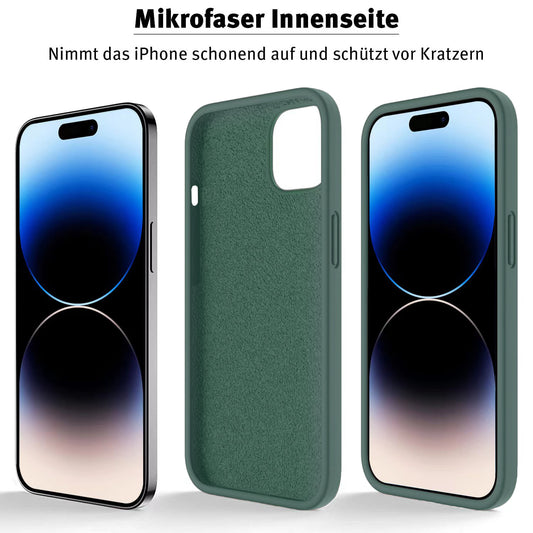 Die iCEO iPhone 14 Pro Max Silikonhülle in Grün mit Mikrofaserfutter schützt vor Kratzern und unterstützt kabelloses Laden. Abgebildet neben zwei iPhones, darunter das iPhone 14 Pro Max.