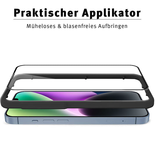 Ein Smartphone liegt flach mit einem schwarzen rechteckigen Applikatorrahmen darüber. Deutscher Text lautet: Praktischer Applikator – Müheloses & blasenfreies Aufbringen für ArktisPRO iPhone 14 FULL COVER Displayschutz GLAS.