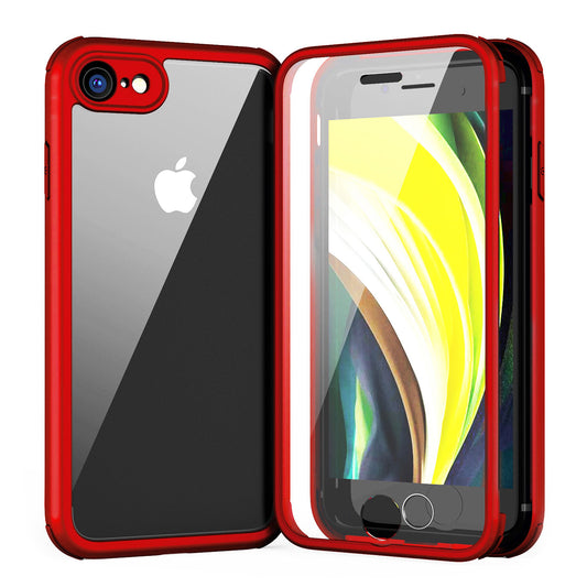 Das ArktisPRO iPhone SE (2022/2020) 360ULTIMATE Case in Rot und Transparent wird neben einem Telefon mit gelbgrünem Hintergrundbild gezeigt, verfügt über eine durchsichtige Rückseite und bietet 360-Grad-Schutz für Ihr Gerät.