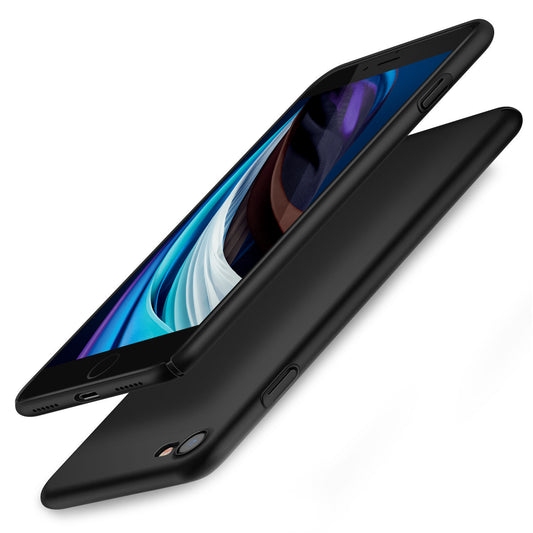 Zwei schwarze Smartphones, eines davon mit buntem Display, sind diagonal auf weißem Hintergrund angeordnet – jedes geschützt durch ein ArktisPRO iPhone SE (2022/2020) UltraSlim Hardcase für eleganten Stil und zuverlässigen Schutz.