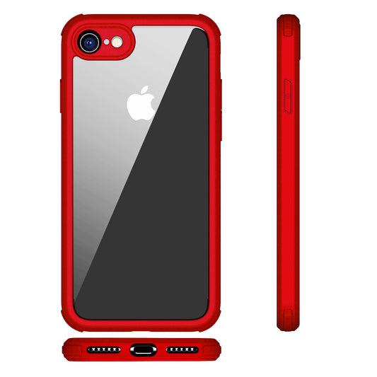 Das ArktisPRO iPhone SE (2022/2020) 360ULTIMATE Case in Rot mit durchsichtiger Rückseite wird von hinten, unten und von der Seite gezeigt, wobei das Apple-Logo und das Kameraobjektiv sichtbar sind.