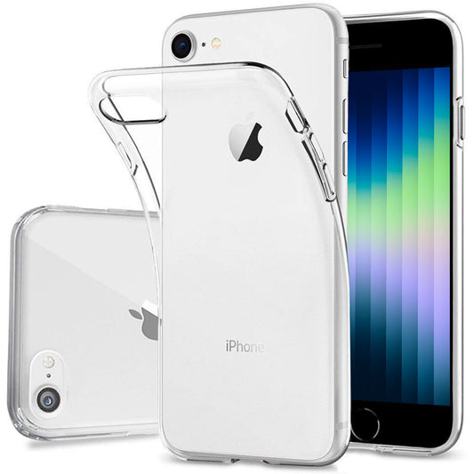 Drei iPhones sind mit stoßfesten, durchsichtigen Hüllen aus TPU-Silikon für das iPhone SE (2022/2020) Invisible Air von ArktisPRO ausgestattet: Bei einem ist die Bildschirmseite nach oben zu sehen, während bei den anderen die Rückseite und das Schutzhüllendesign von ArktisPRO zu sehen sind.