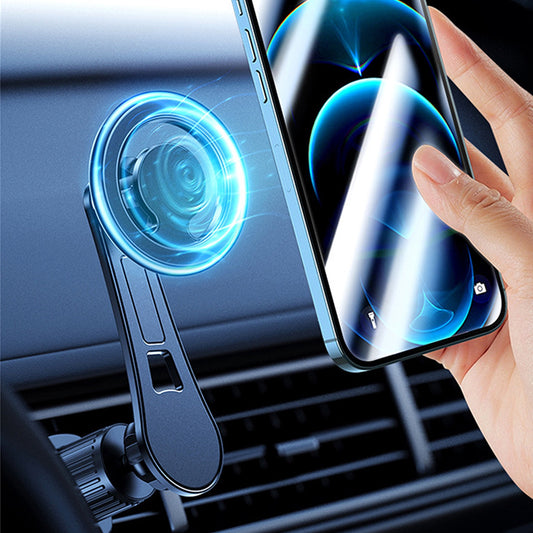 Eine Person legt ihr Smartphone auf die ArktisPRO MagSafe Autohalterung von ArktisPRO, die an einer Autolüftungsöffnung befestigt ist. Ein blaues Leuchten zeigt einen starken magnetischen Halt an, während die 360°-Drehung den optimalen Betrachtungswinkel ermöglicht.