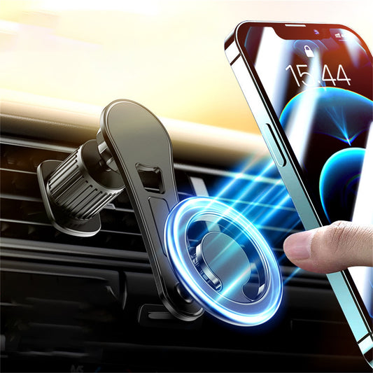 Die ArktisPRO MagSafe Autohalterung von ArktisPRO ist am Auto-Lüftungsgitter befestigt. Eine Hand hält ein Smartphone an der 360° drehbaren Halterung, blaue Linien zeigen die magnetische Verbindung zur iPhone-Halterung.