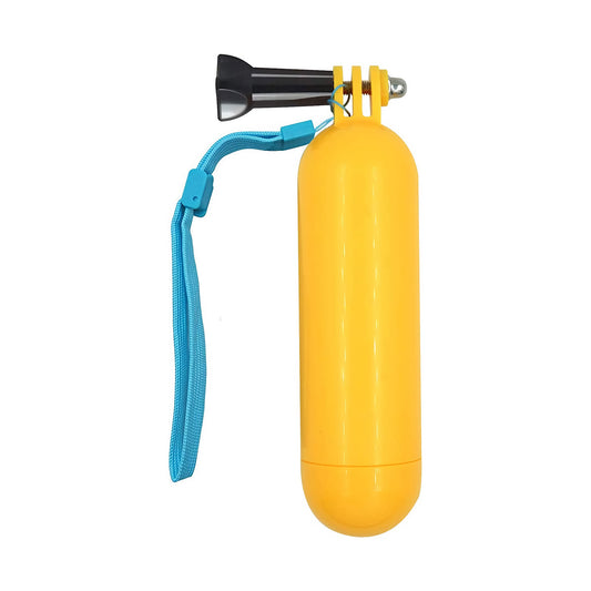 Der Sonstige Diving Case Unterwasser-Haltegriff ist ein gelber schwimmender Handgriff mit blauer Handschlaufe und schwarzer Halterung, ideal für stabile Unterwasseraufnahmen mit Action-Kameras – auch bei Verwendung zusammen mit einem Diving Case.